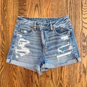 American Eagle Outfitters Distressed Blue Denim High-Rise Mom Shorts